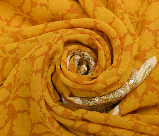 Sushila Vintage Mustard Saree Pure Georgette Printed & Embroidered Sari Fabric