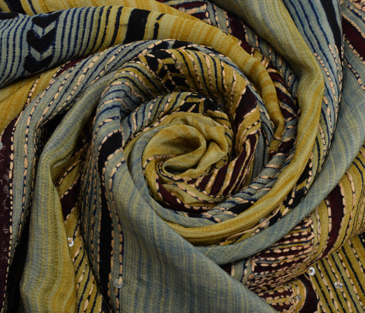 Sushila Vintage Multi-Color Saree Pure Crepe Hand Embroidered Kantha Sari Fabric