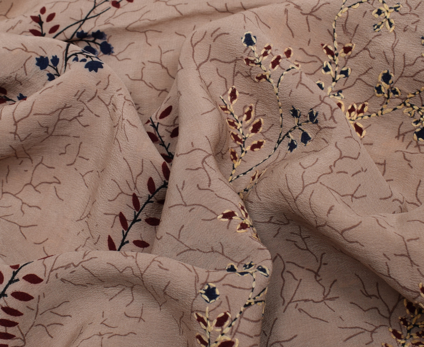 Sushila Vintage Indian Saree Pure Crepe Silk Hand Embroidered Kantha Sari Fabric