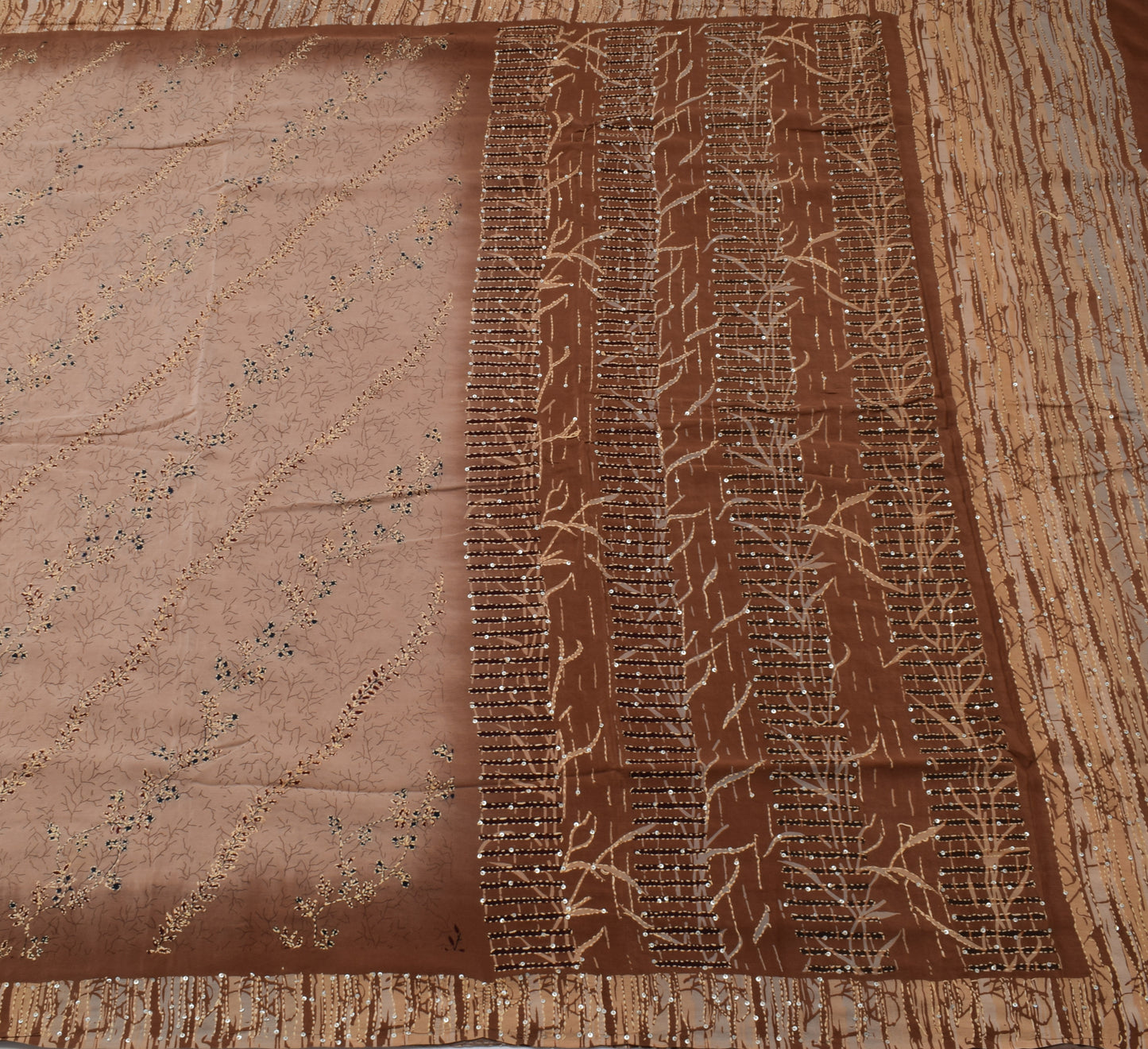 Sushila Vintage Indian Saree Pure Crepe Silk Hand Embroidered Kantha Sari Fabric