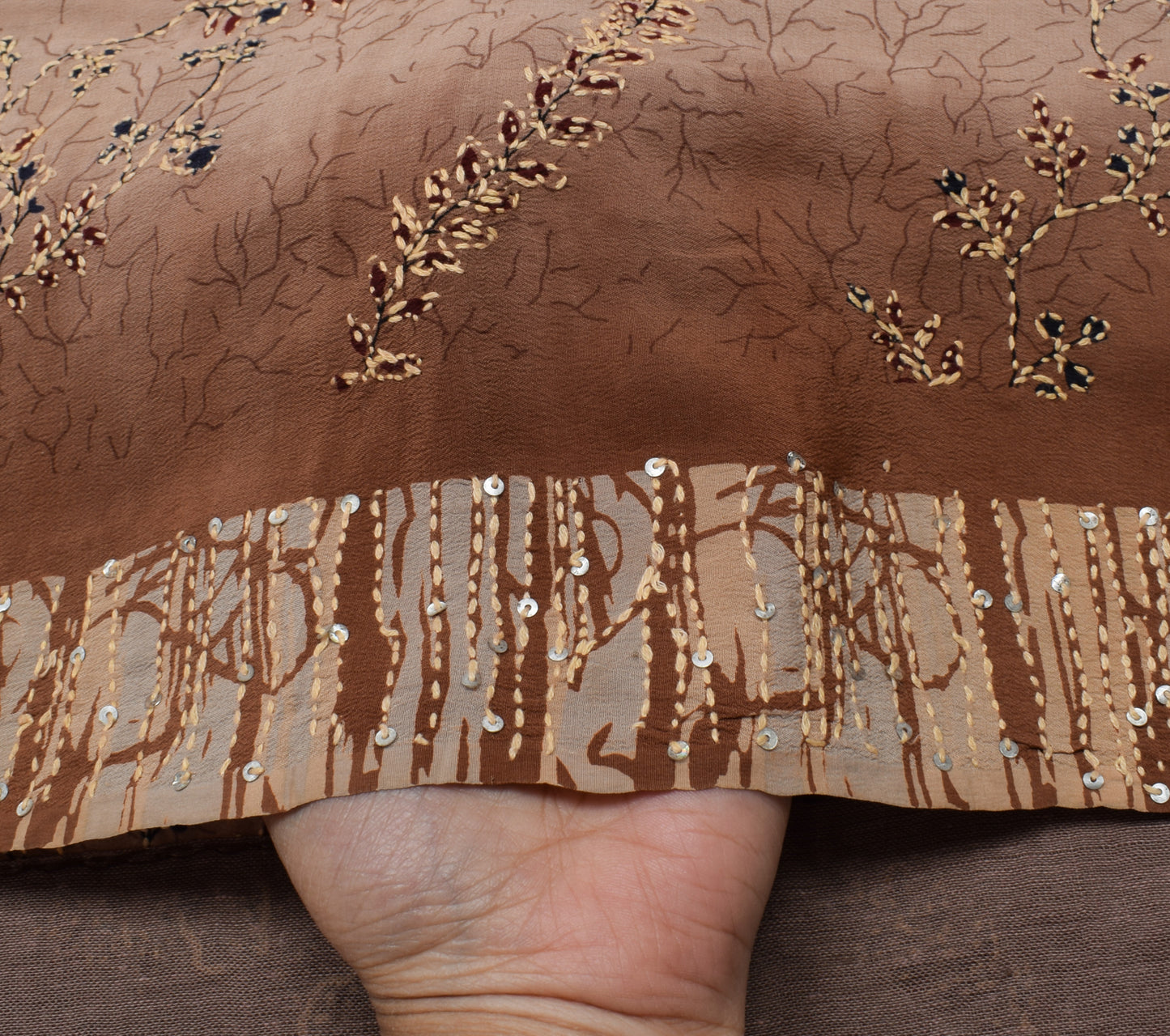 Sushila Vintage Indian Saree Pure Crepe Silk Hand Embroidered Kantha Sari Fabric