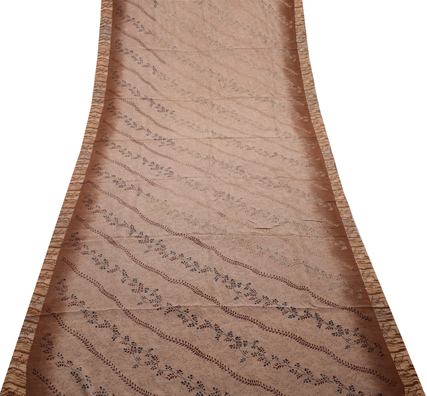 Sushila Vintage Indian Saree Pure Crepe Silk Hand Embroidered Kantha Sari Fabric