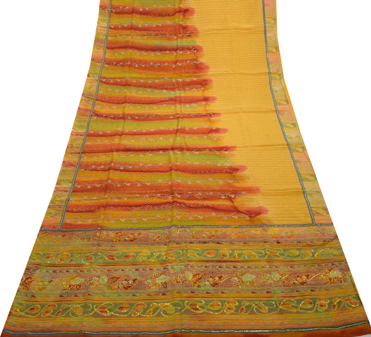 Sushila Vintage Yellow Saree Pure Crepe Silk Hand Beaded & Printed Sari Fabric
