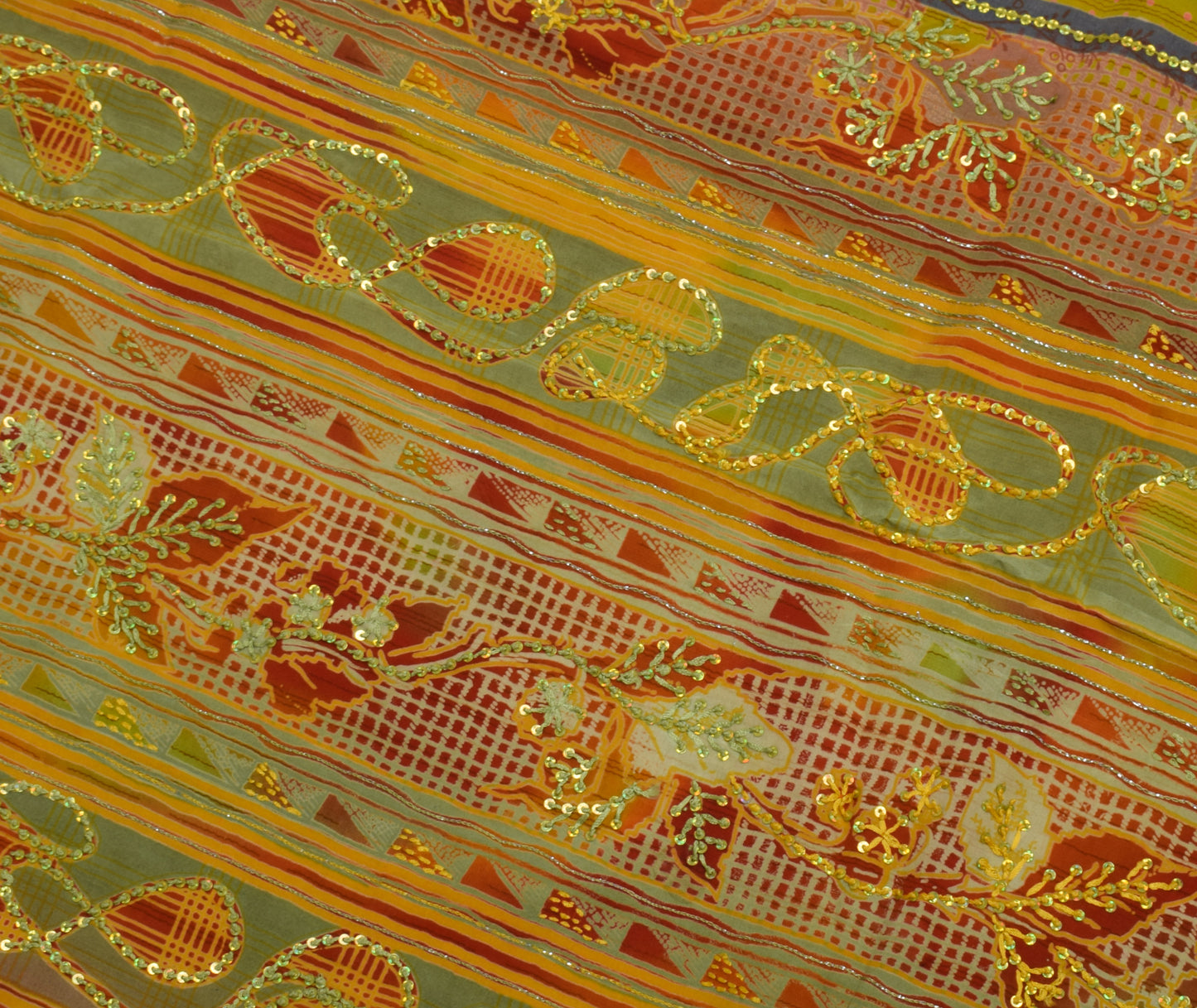 Sushila Vintage Yellow Saree Pure Crepe Silk Hand Beaded & Printed Sari Fabric
