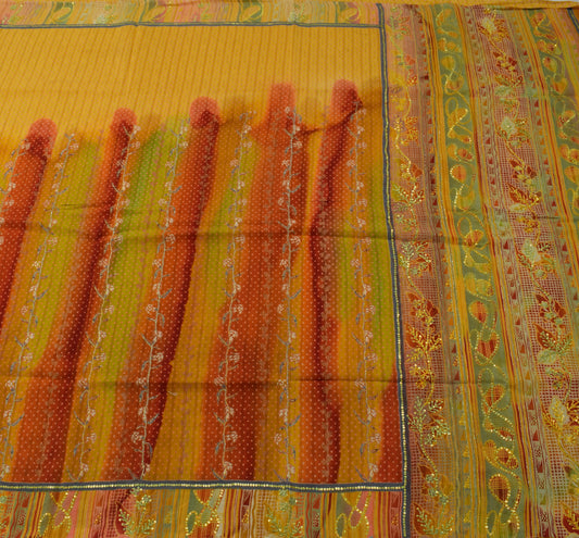 Sushila Vintage Yellow Saree Pure Crepe Silk Hand Beaded & Printed Sari Fabric