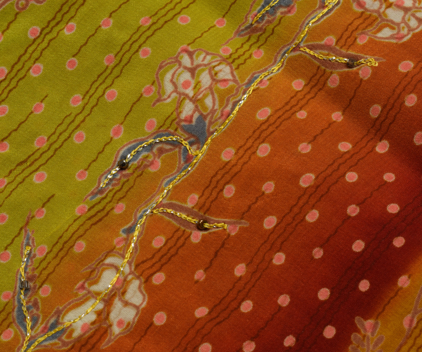Sushila Vintage Yellow Saree Pure Crepe Silk Hand Beaded & Printed Sari Fabric