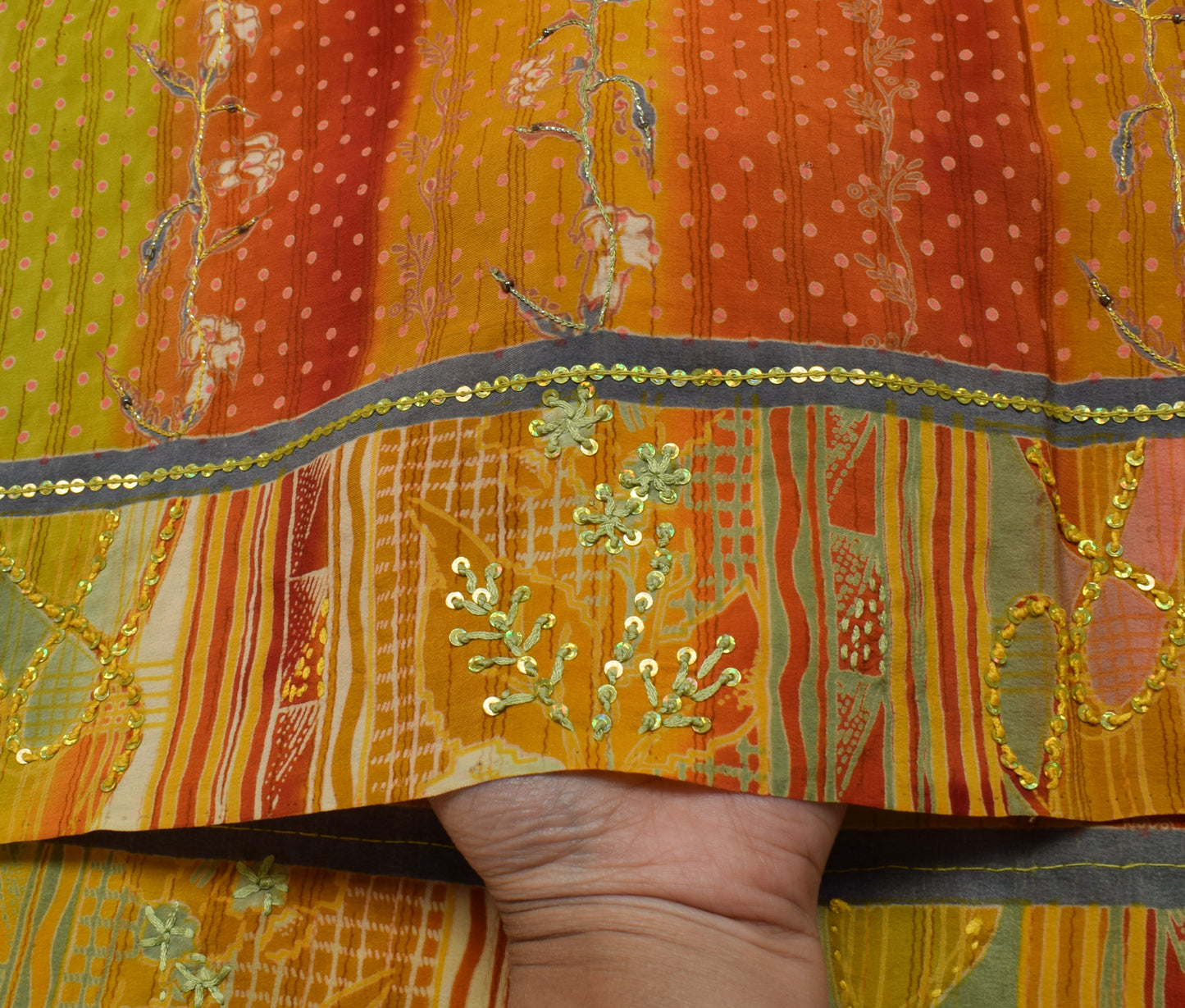 Sushila Vintage Yellow Saree Pure Crepe Silk Hand Beaded & Printed Sari Fabric