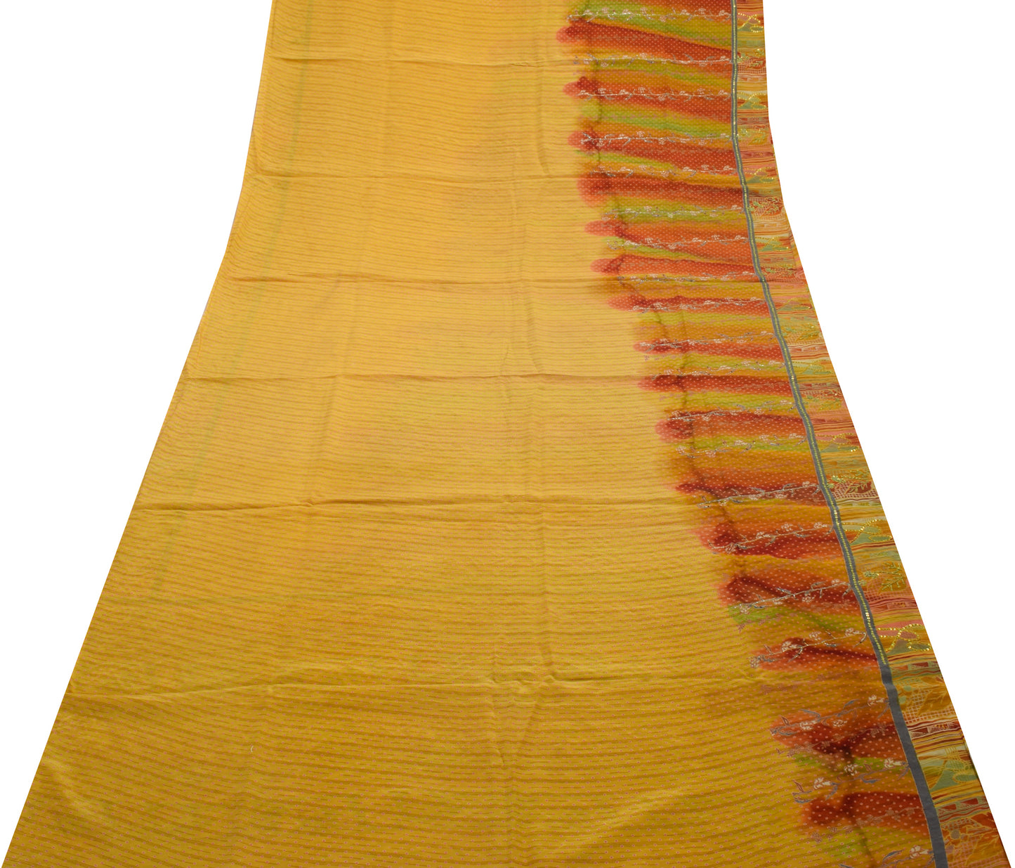 Sushila Vintage Yellow Saree Pure Crepe Silk Hand Beaded & Printed Sari Fabric