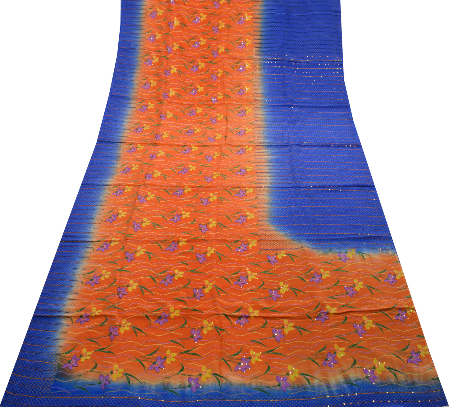 Sushila Vintage Orange Saree Pure Crepe Silk Printed Floral Sari Craft Fabric