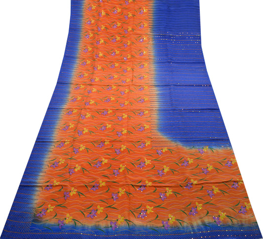 Sushila Vintage Orange Saree Pure Crepe Silk Printed Floral Sari Craft Fabric