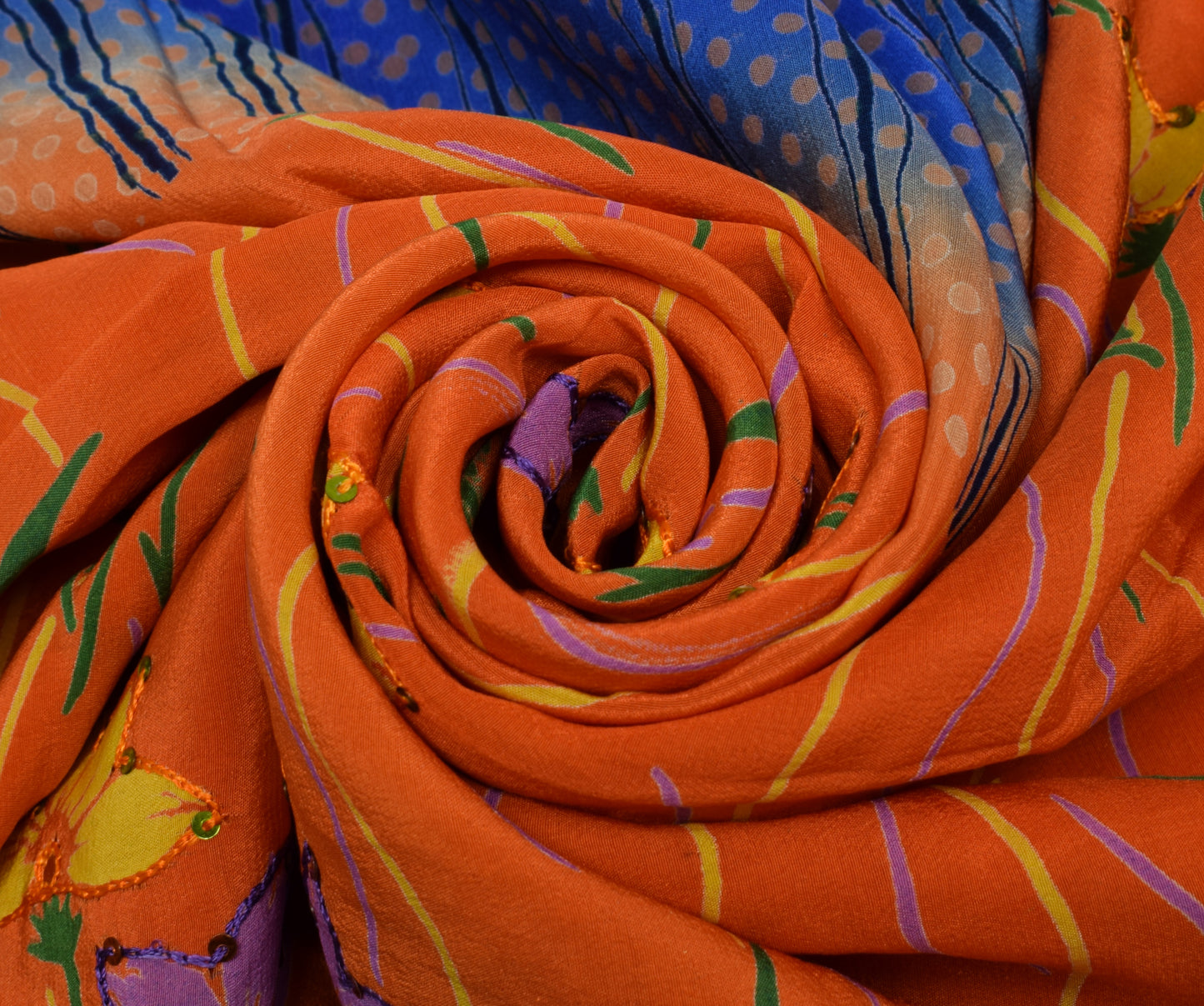 Sushila Vintage Orange Saree Pure Crepe Silk Printed Floral Sari Craft Fabric