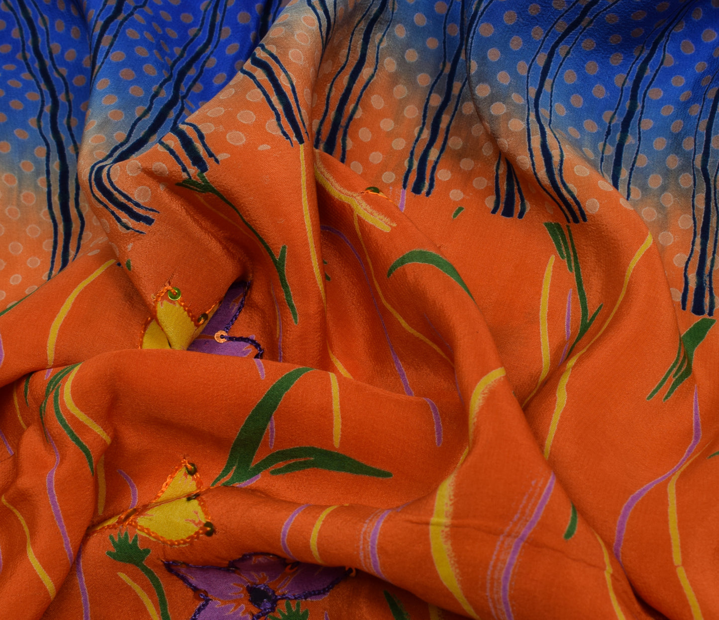 Sushila Vintage Orange Saree Pure Crepe Silk Printed Floral Sari Craft Fabric