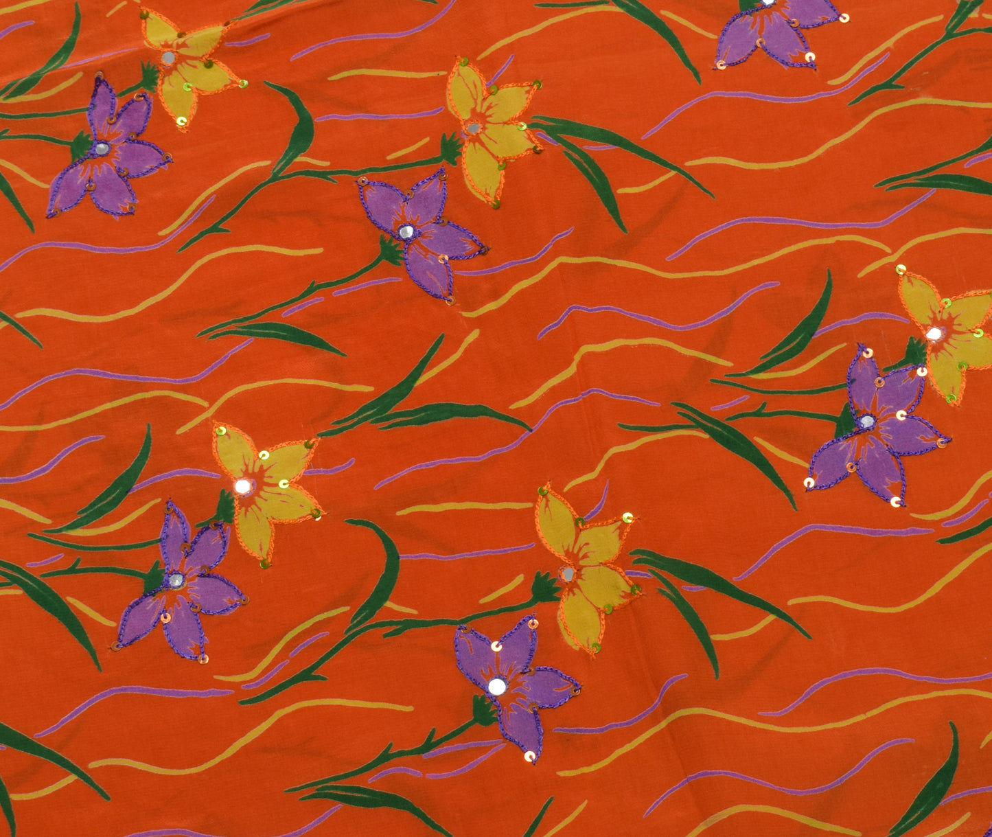 Sushila Vintage Orange Saree Pure Crepe Silk Printed Floral Sari Craft Fabric