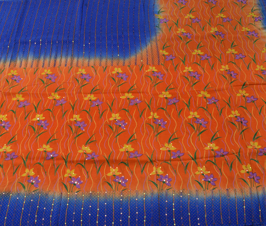 Sushila Vintage Orange Saree Pure Crepe Silk Printed Floral Sari Craft Fabric