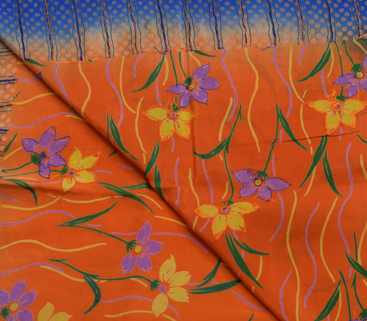 Sushila Vintage Orange Saree Pure Crepe Silk Printed Floral Sari Craft Fabric