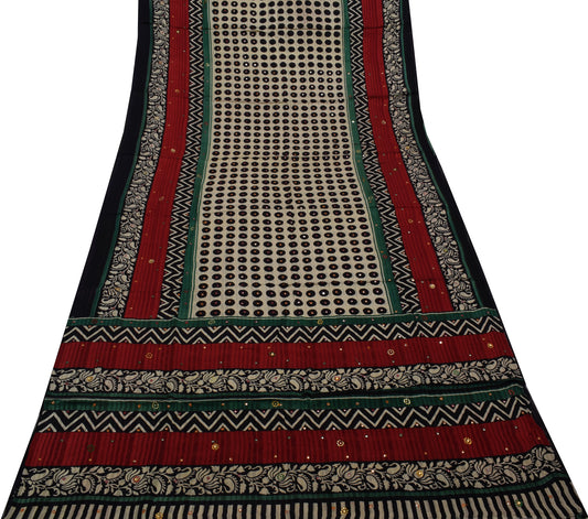 Sushila Vintage Indian Saree Pure Georgette Hand Beaded & Printed Sari Fabric