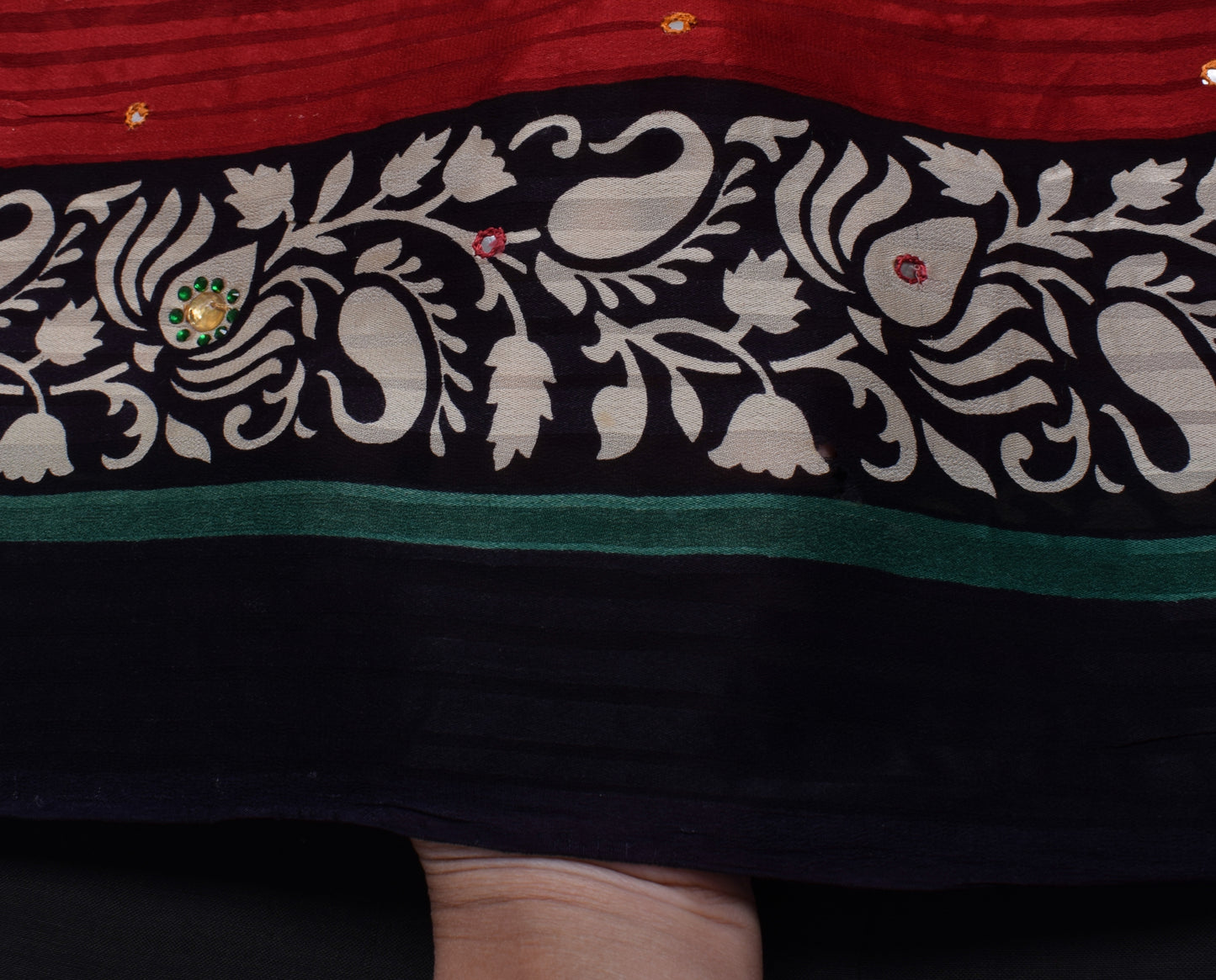 Sushila Vintage Indian Saree Pure Georgette Hand Beaded & Printed Sari Fabric
