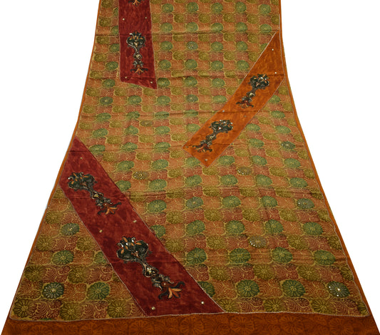 Sushila Vintage Brown Saree Pure Crepe Silk Printed Floral Sari Craft Fabric