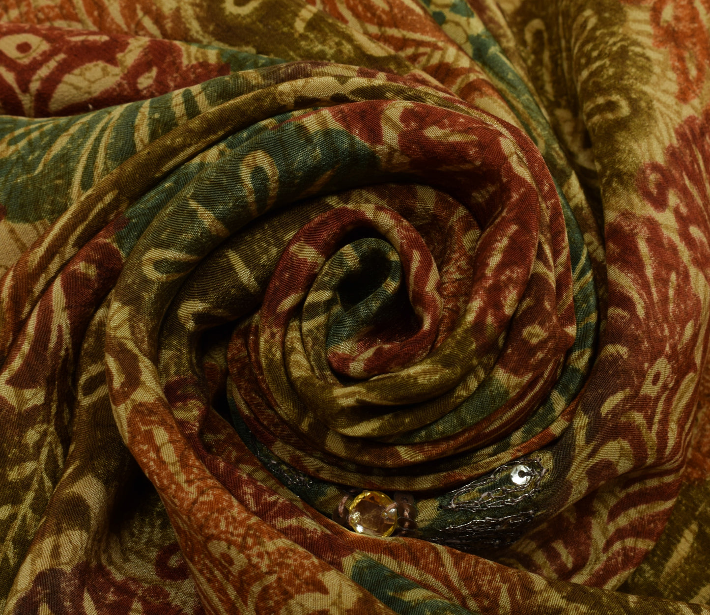 Sushila Vintage Brown Saree Pure Crepe Silk Printed Floral Sari Craft Fabric