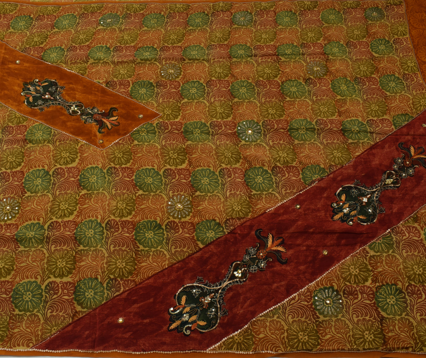 Sushila Vintage Brown Saree Pure Crepe Silk Printed Floral Sari Craft Fabric