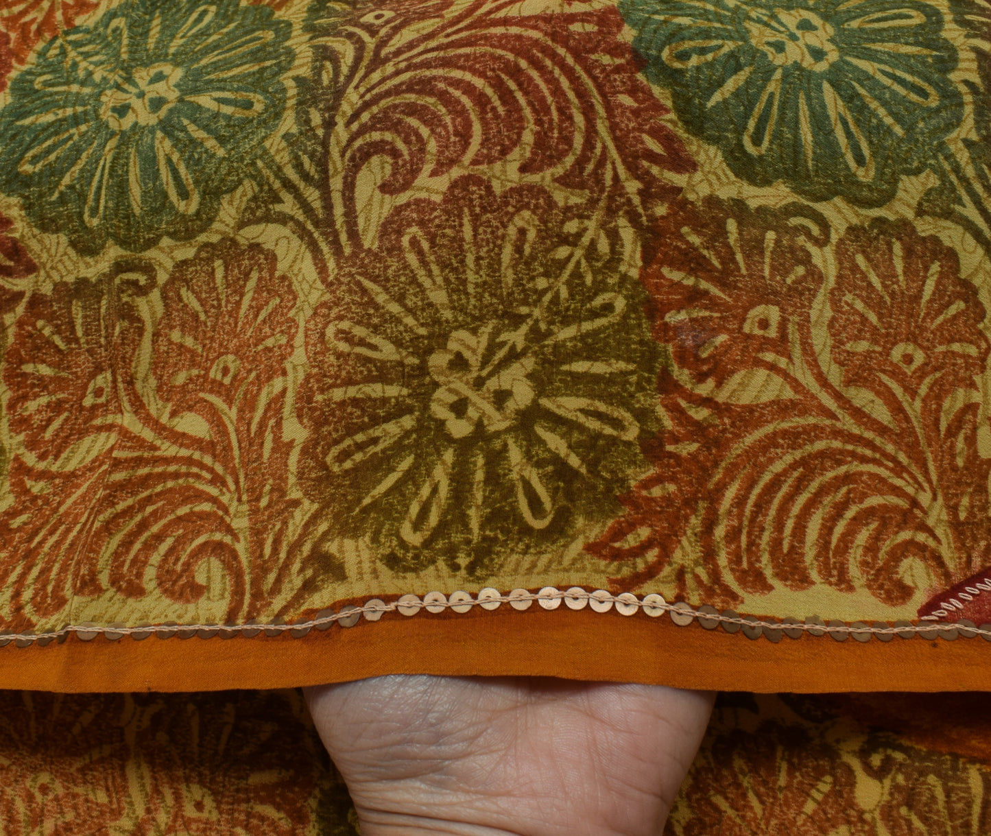 Sushila Vintage Brown Saree Pure Crepe Silk Printed Floral Sari Craft Fabric