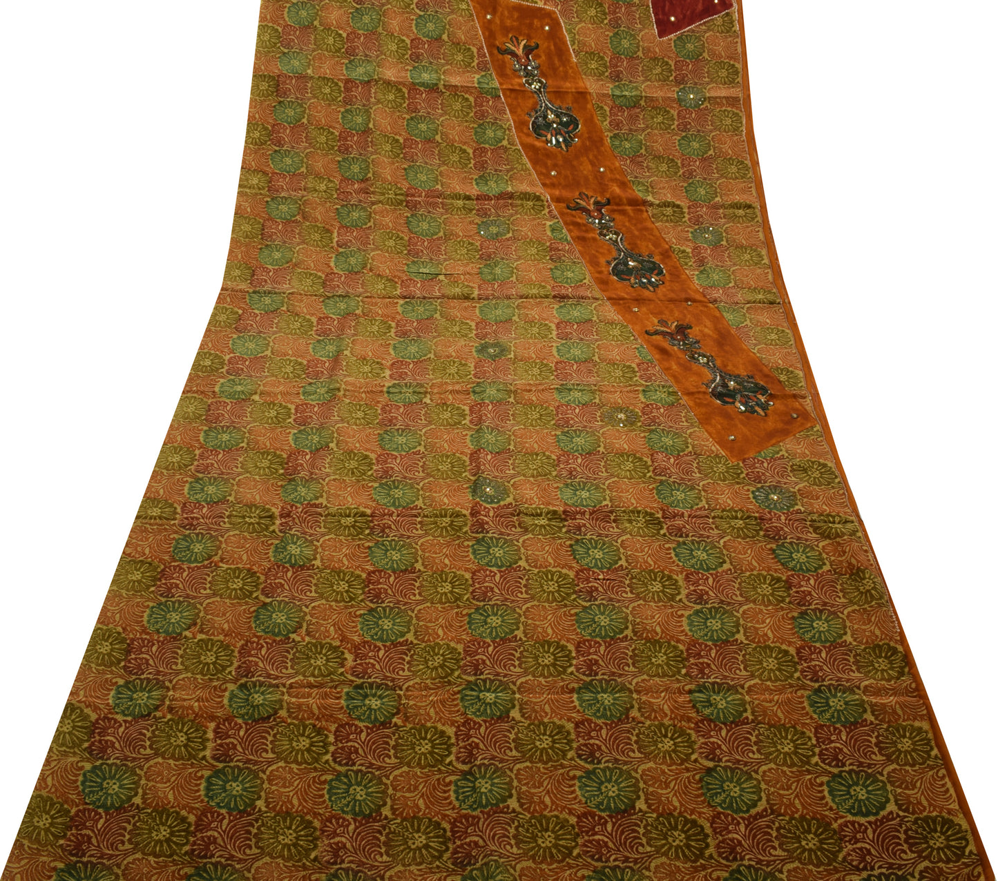 Sushila Vintage Brown Saree Pure Crepe Silk Printed Floral Sari Craft Fabric