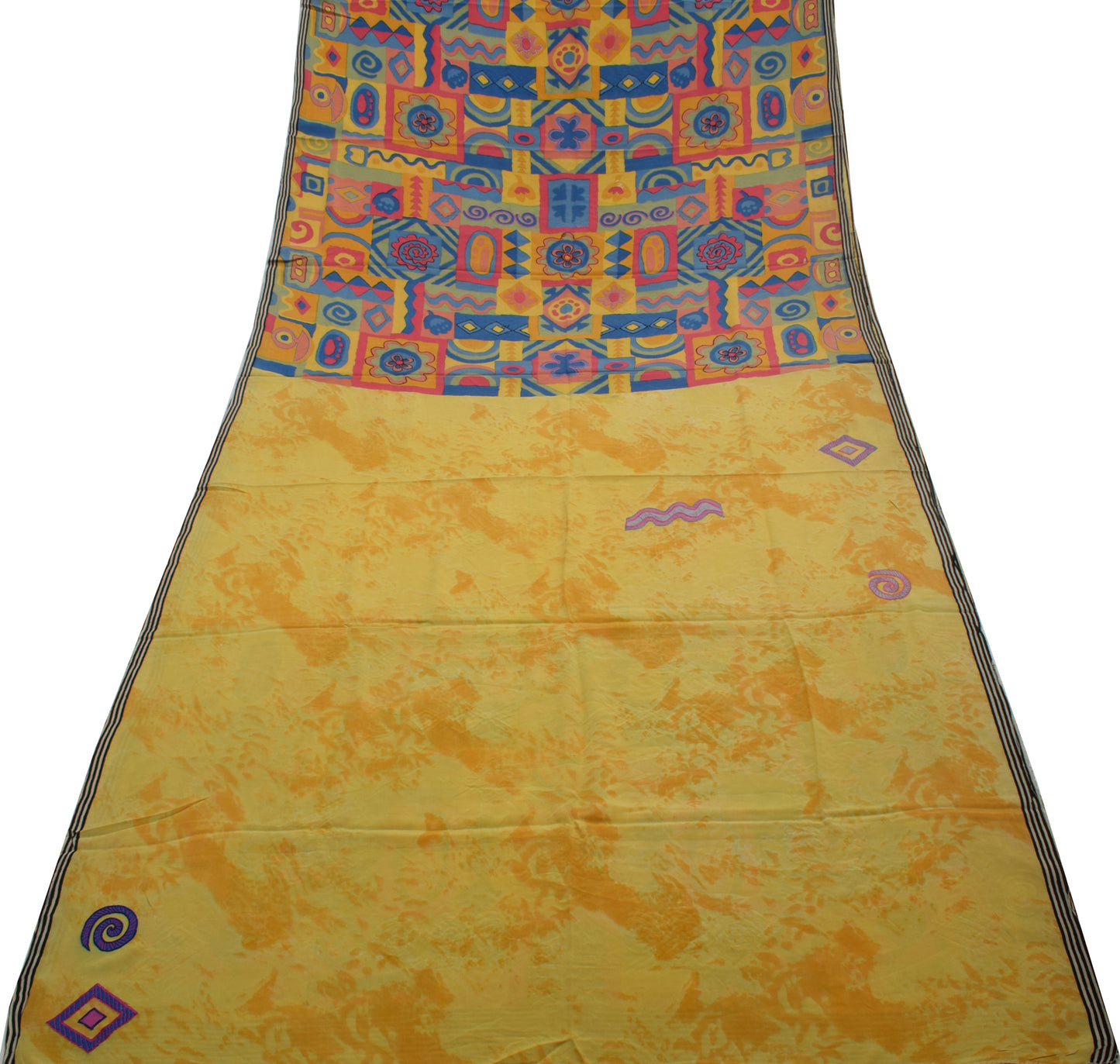 Sushila Vintage Indian Yellow Saree Pure Crepe Silk Printed Sari 5 Yard Fabric