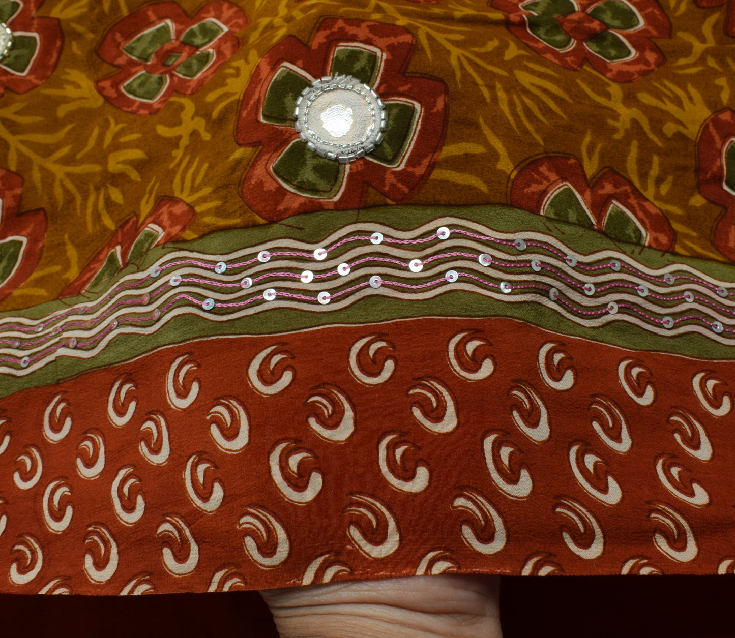 Sushila Vintage Brown Saree Pure Crepe Silk Printed Floral Sari Craft Fabric