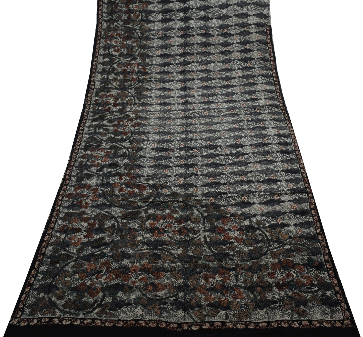 Sushila Vintage Black Gray Saree Pure Crepe Silk Printed Floral Sari Craft Fabric