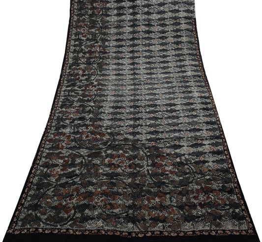 Sushila Vintage Black Gray Saree Pure Crepe Silk Printed Floral Sari Craft Fabric