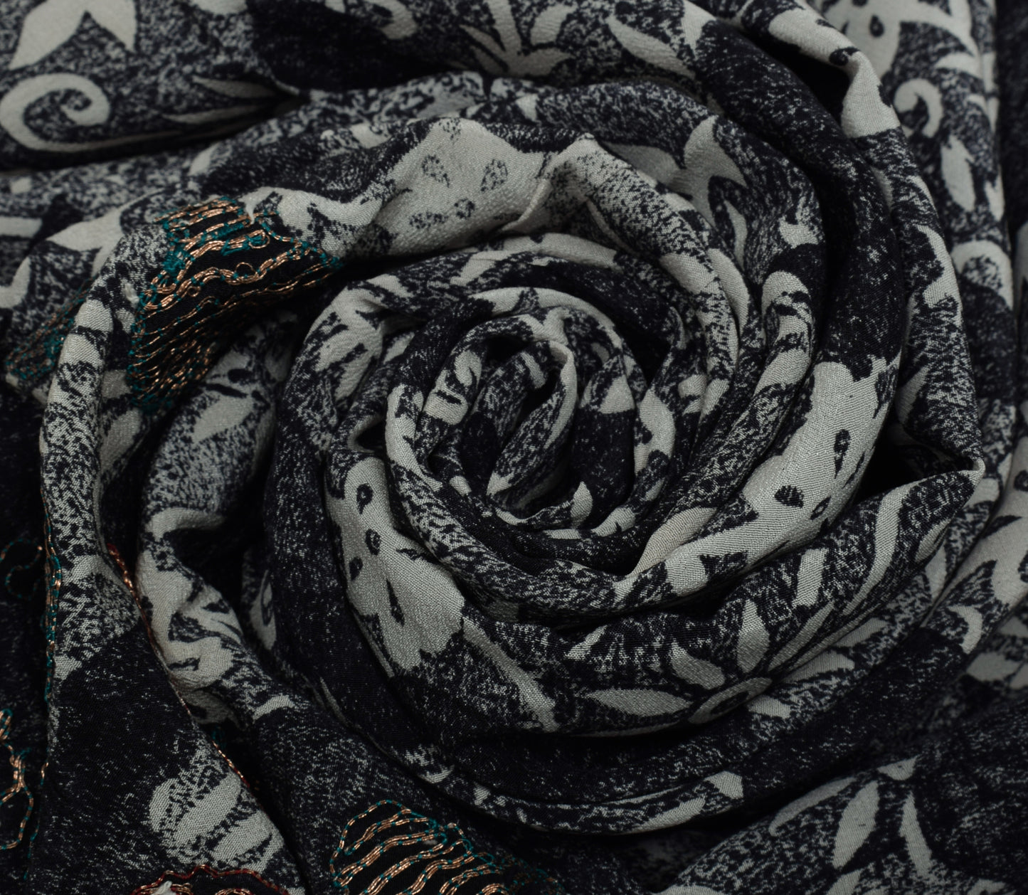 Sushila Vintage Black Gray Saree Pure Crepe Silk Printed Floral Sari Craft Fabric