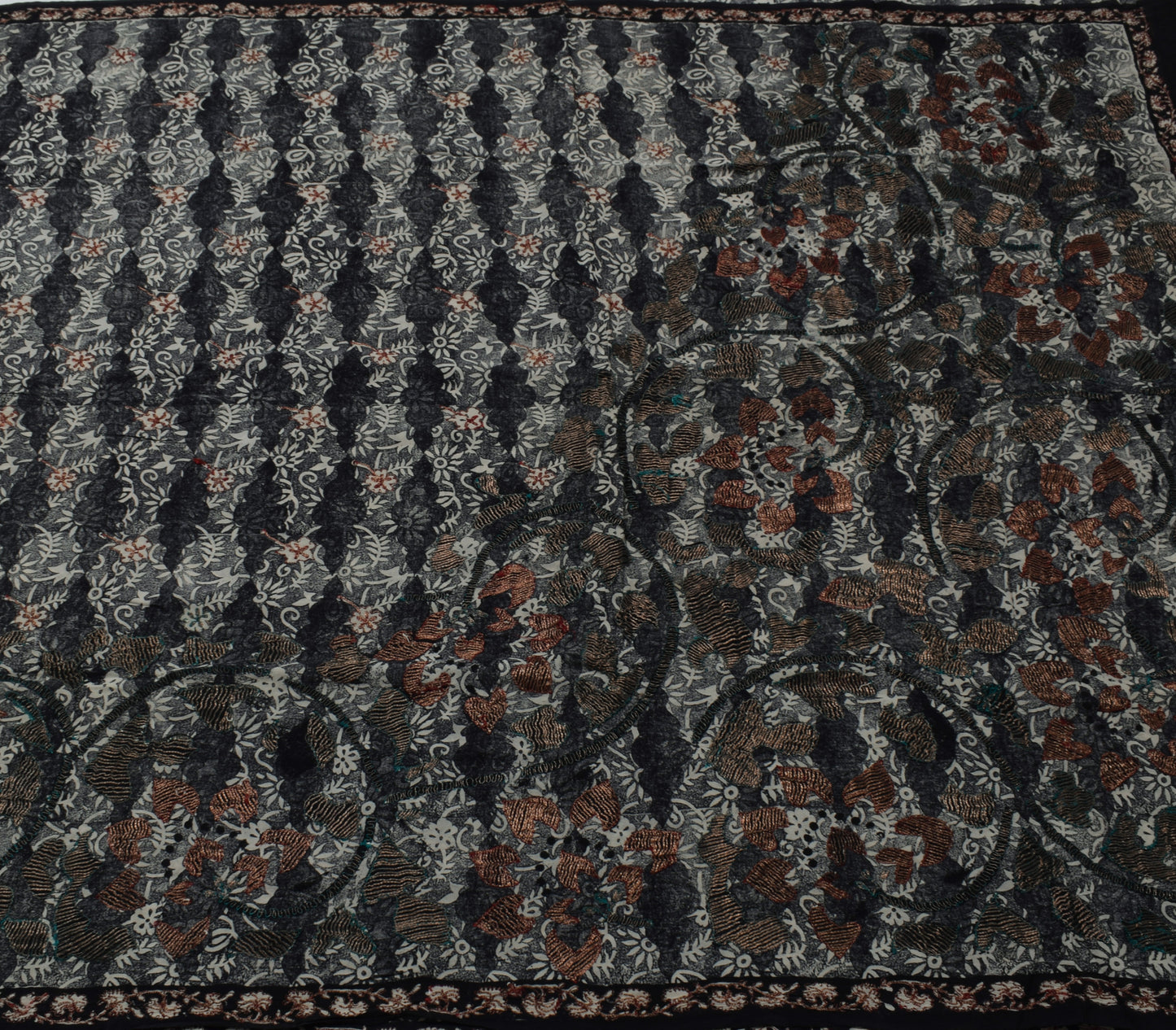 Sushila Vintage Black Gray Saree Pure Crepe Silk Printed Floral Sari Craft Fabric