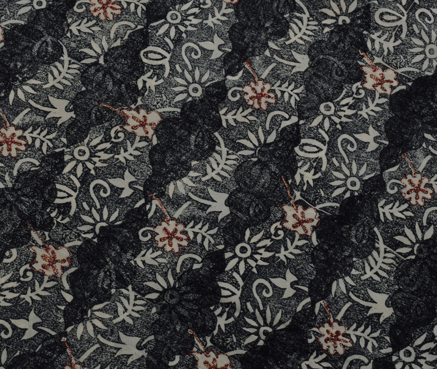 Sushila Vintage Black Gray Saree Pure Crepe Silk Printed Floral Sari Craft Fabric