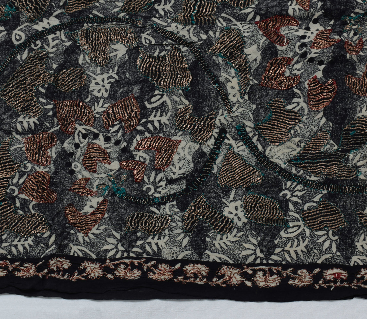 Sushila Vintage Black Gray Saree Pure Crepe Silk Printed Floral Sari Craft Fabric