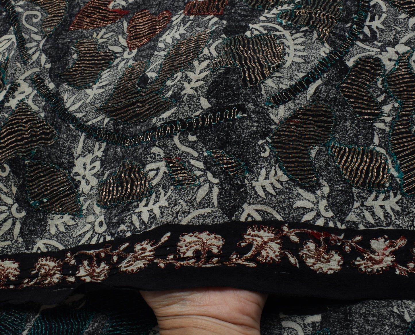 Sushila Vintage Black Gray Saree Pure Crepe Silk Printed Floral Sari Craft Fabric