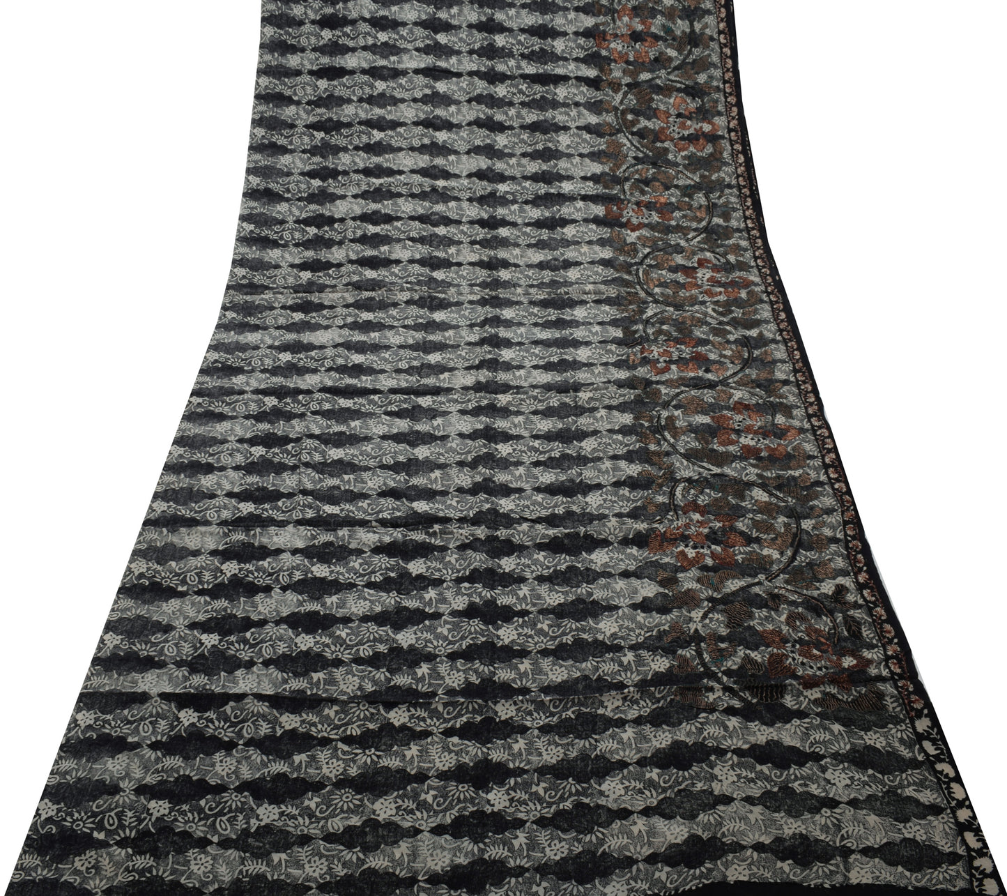 Sushila Vintage Black Gray Saree Pure Crepe Silk Printed Floral Sari Craft Fabric