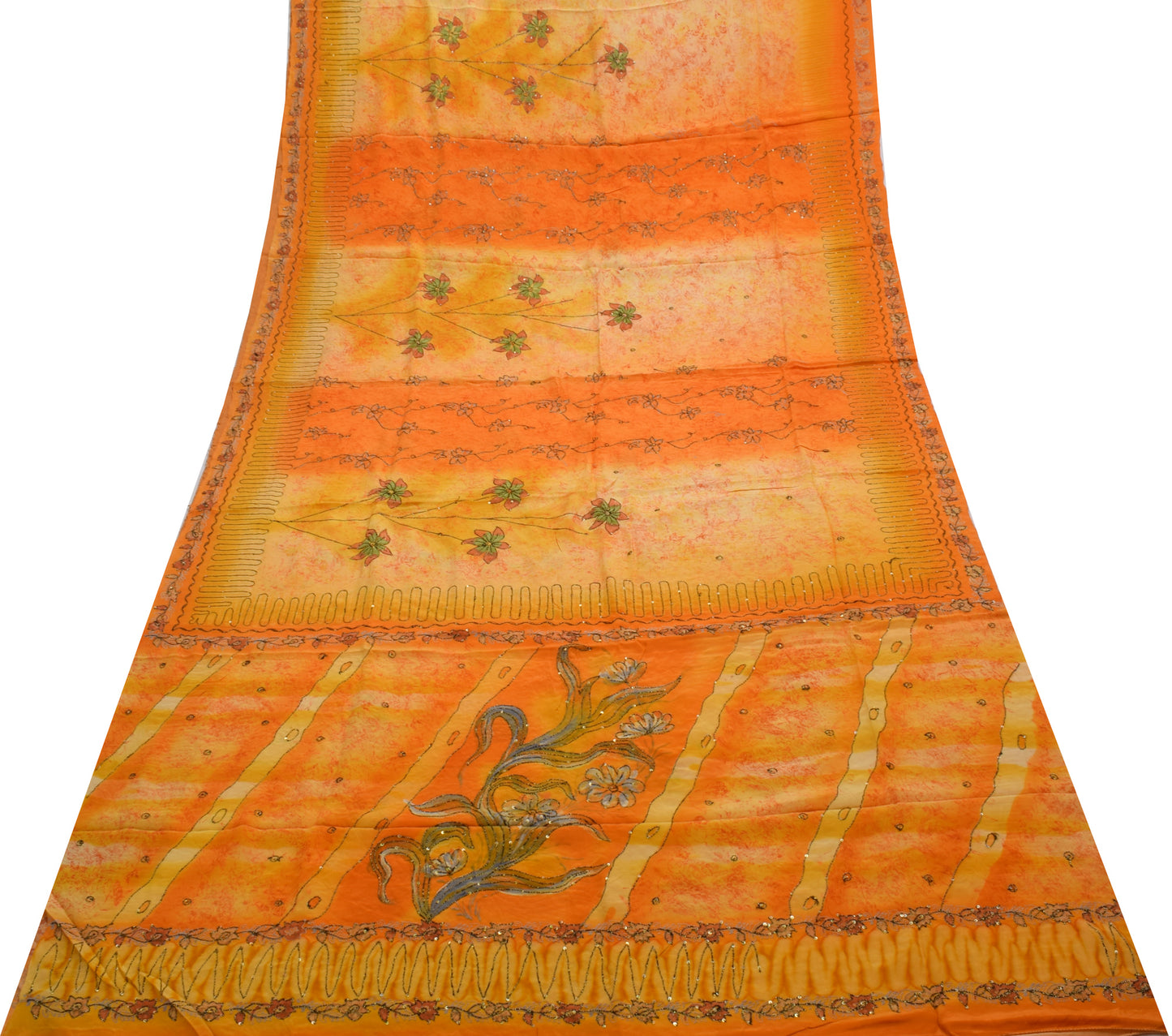 Sushila Vintage Orange Saree Pure Crepe Silk Printed Sari Craft 5 Yard Fabric