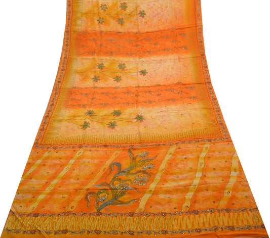 Sushila Vintage Orange Saree Pure Crepe Silk Printed Sari Craft 5 Yard Fabric