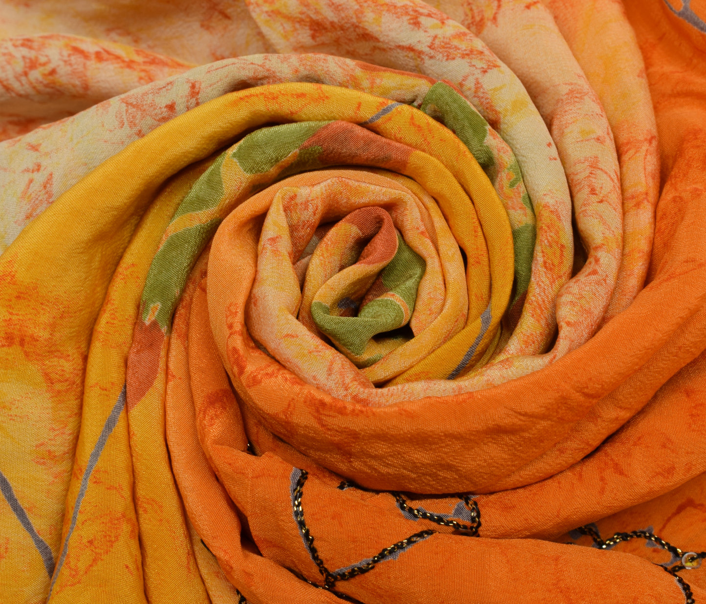 Sushila Vintage Orange Saree Pure Crepe Silk Printed Sari Craft 5 Yard Fabric