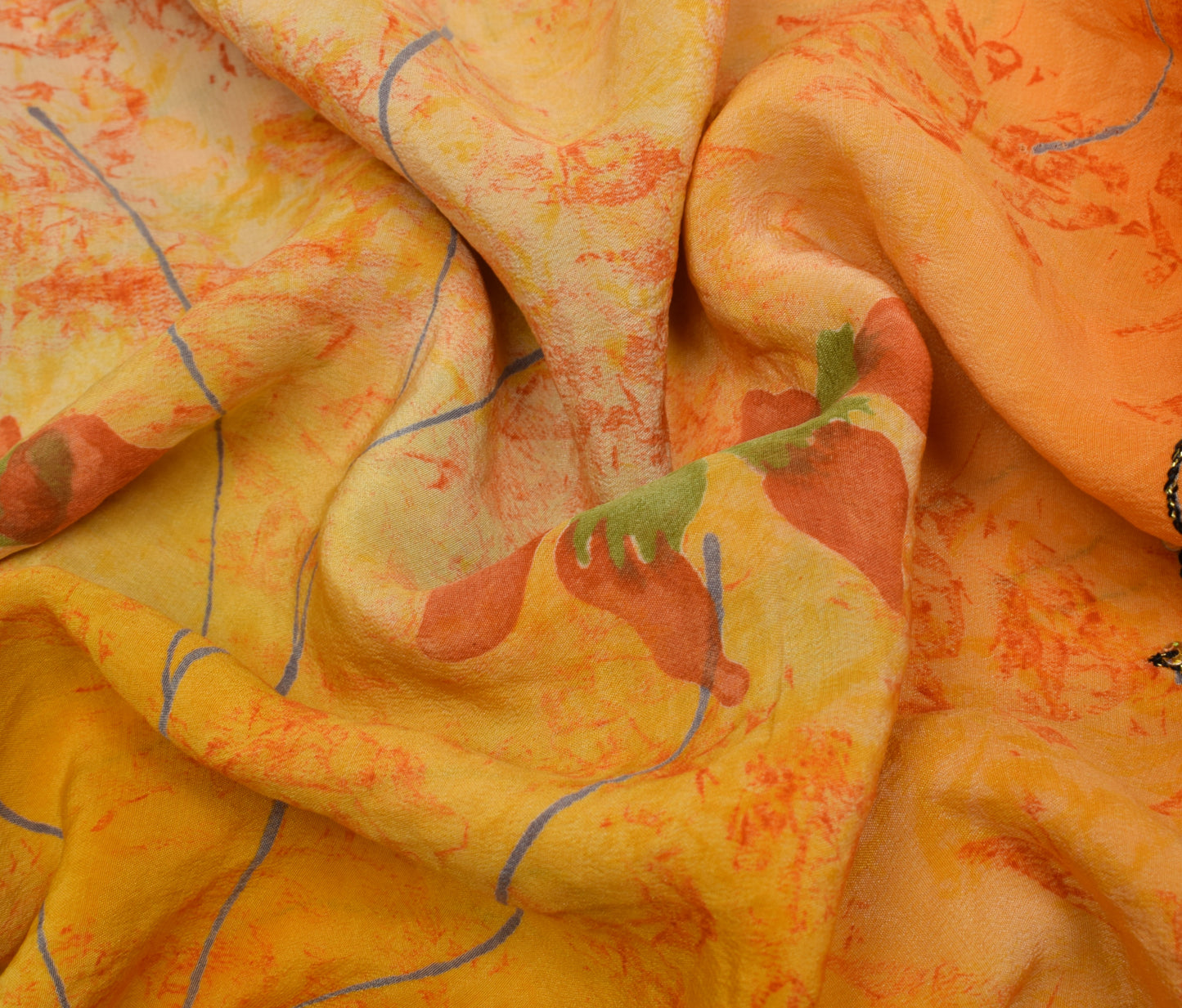 Sushila Vintage Orange Saree Pure Crepe Silk Printed Sari Craft 5 Yard Fabric