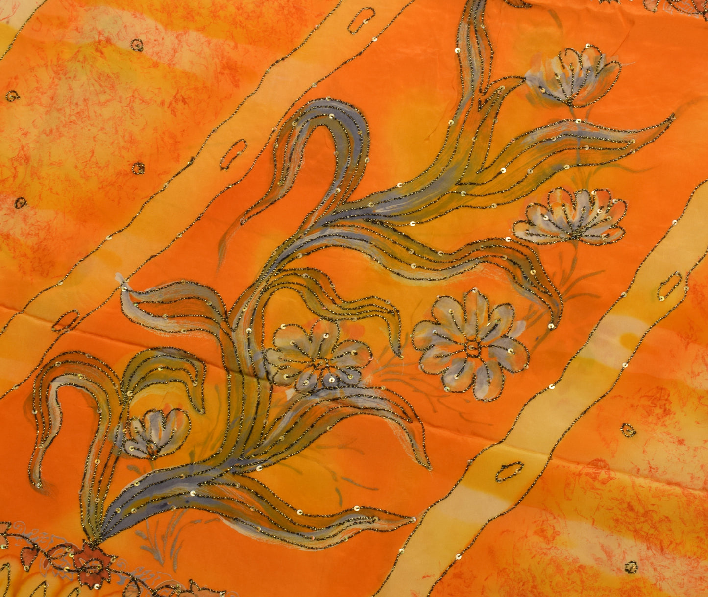 Sushila Vintage Orange Saree Pure Crepe Silk Printed Sari Craft 5 Yard Fabric