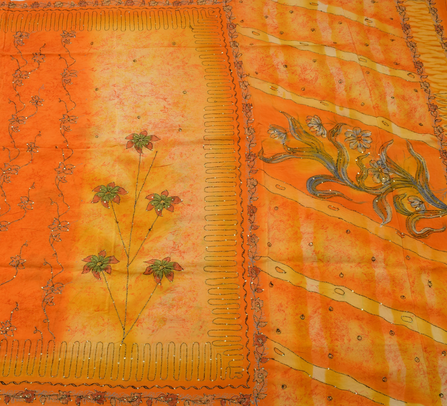 Sushila Vintage Orange Saree Pure Crepe Silk Printed Sari Craft 5 Yard Fabric