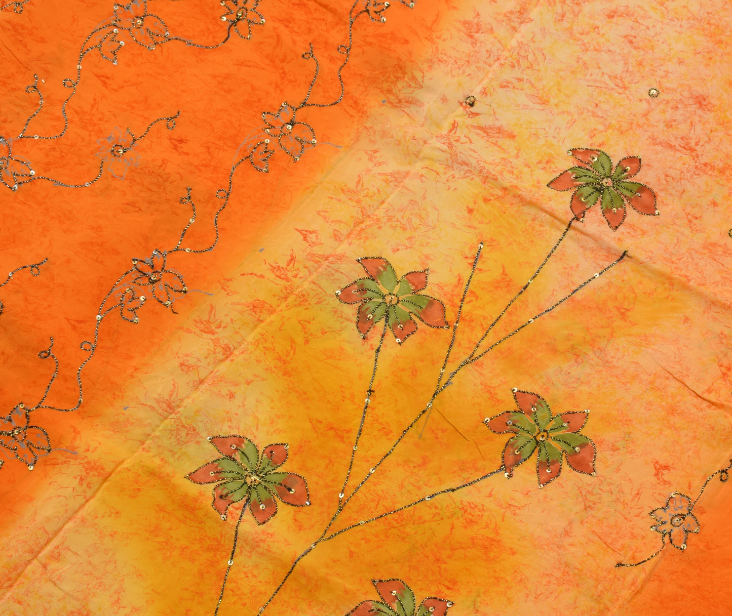 Sushila Vintage Orange Saree Pure Crepe Silk Printed Sari Craft 5 Yard Fabric