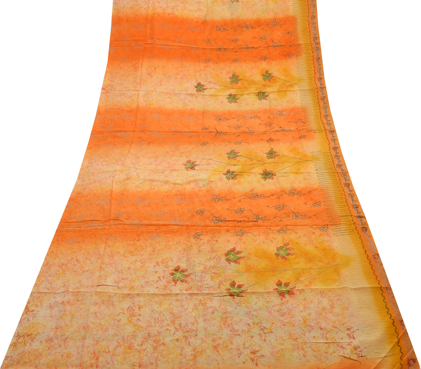 Sushila Vintage Orange Saree Pure Crepe Silk Printed Sari Craft 5 Yard Fabric