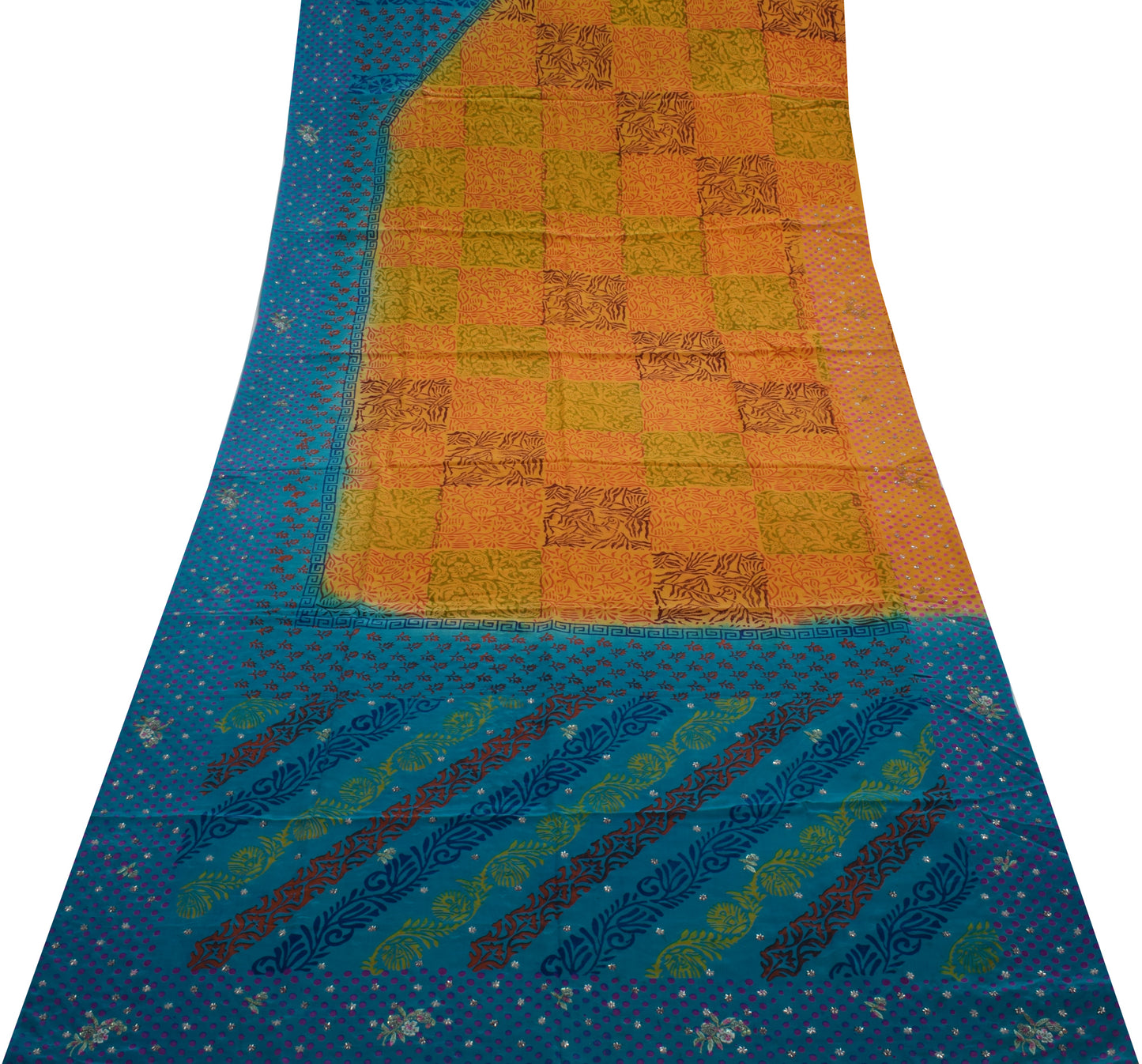 Sushila Vintage Mustard Saree Pure Crepe Silk Hand Beaded & Printed Sari Fabric