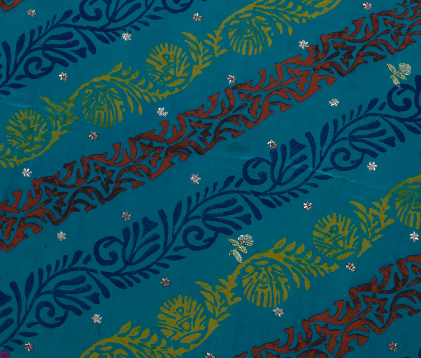 Sushila Vintage Mustard Saree Pure Crepe Silk Hand Beaded & Printed Sari Fabric
