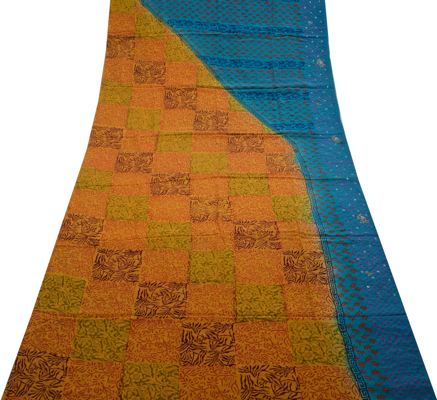 Sushila Vintage Mustard Saree Pure Crepe Silk Hand Beaded & Printed Sari Fabric