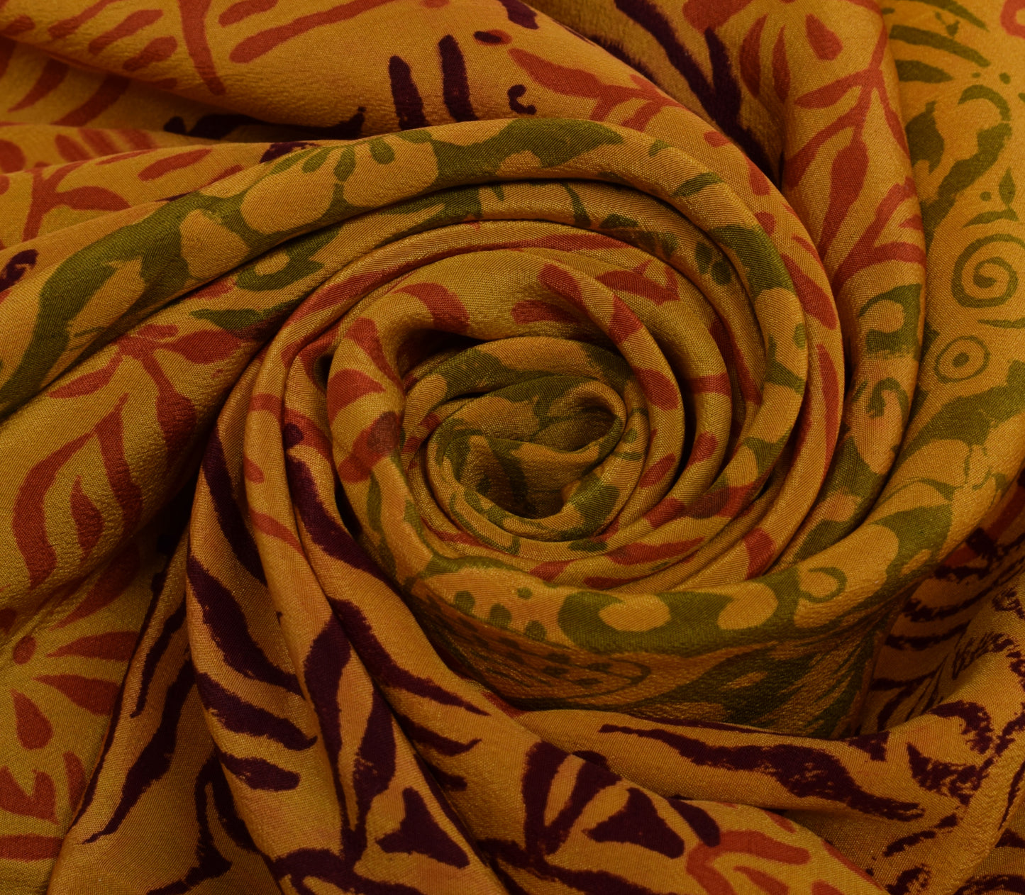 Sushila Vintage Mustard Saree Pure Crepe Silk Hand Beaded & Printed Sari Fabric