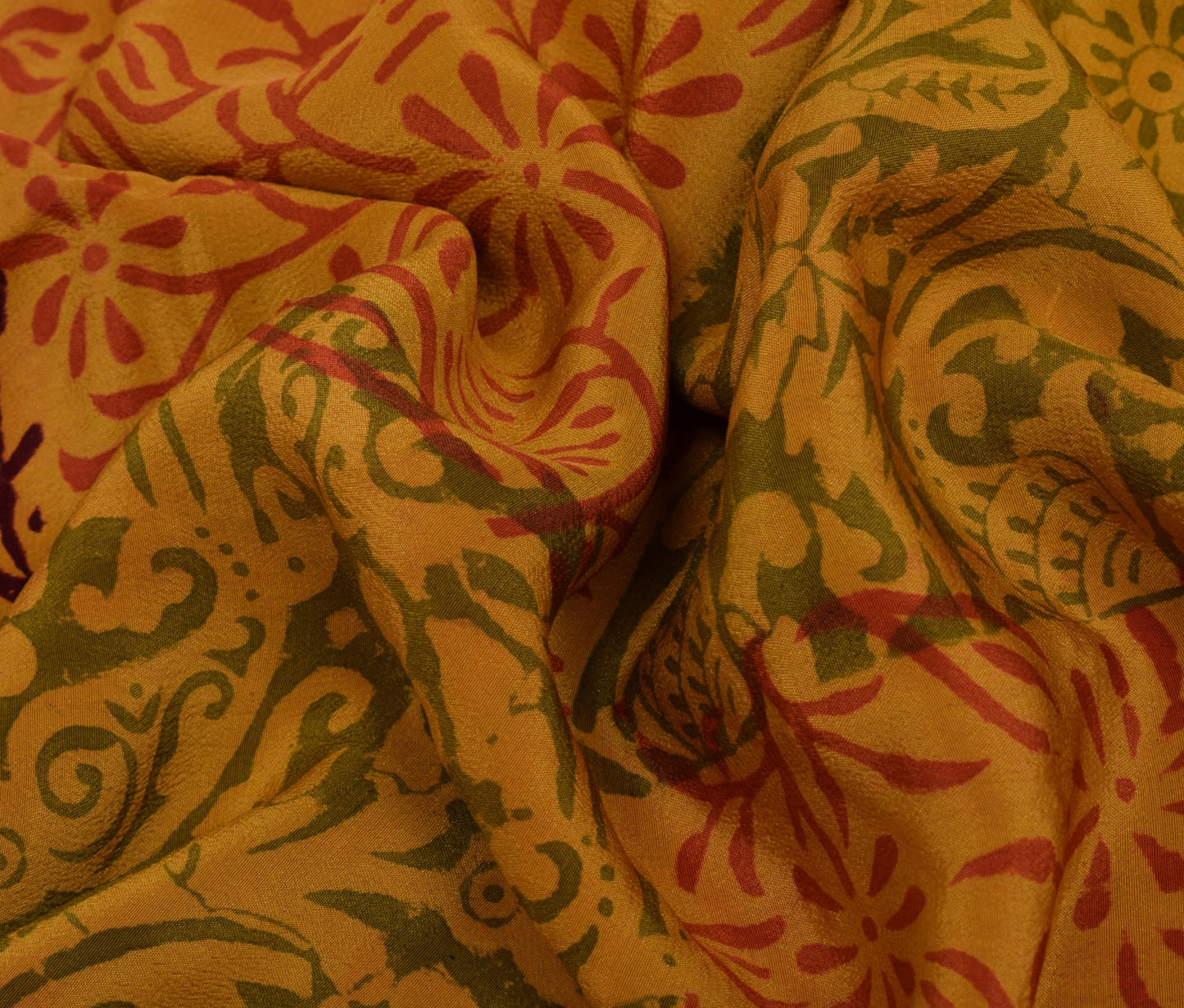 Sushila Vintage Mustard Saree Pure Crepe Silk Hand Beaded & Printed Sari Fabric