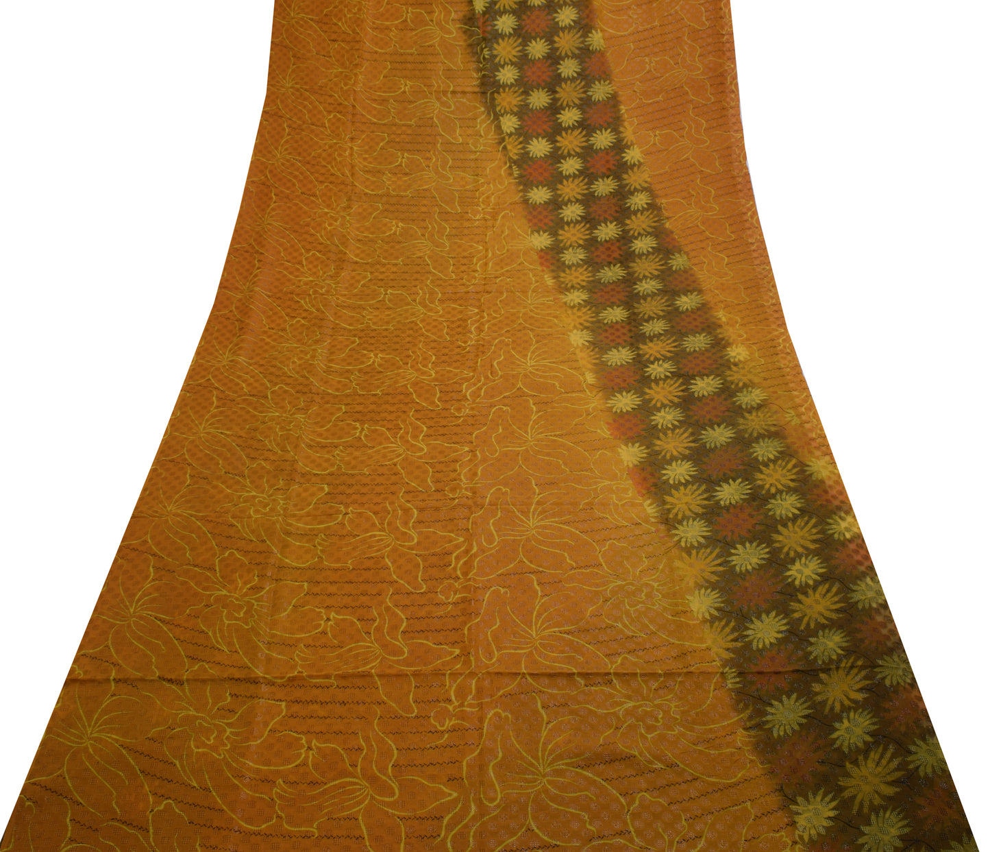 Sushila Vintage Mustard Saree Pure Georgette Silk Woven & Floral Sari Fabric